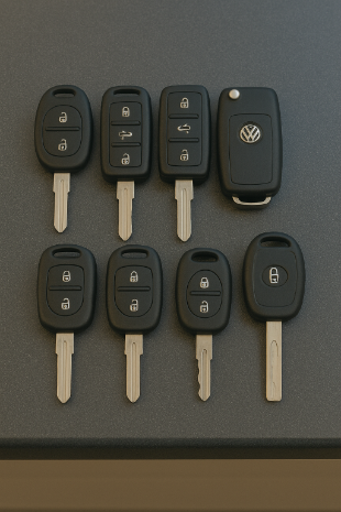 Selection of replacement and spare car keys on a locksmith counter